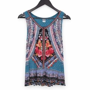 Bila Boho Festival Mixed Print Floral Tank Top Teal Sleeveless Flowy Blouse Sz M